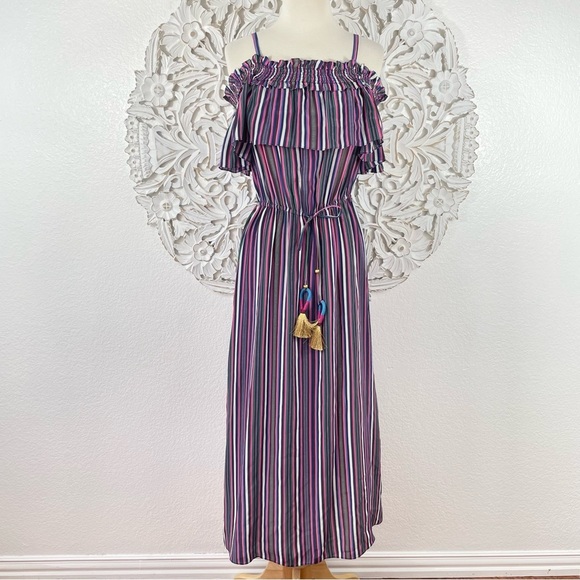 Figue Dresses & Skirts - {Figue} Maya Silk Striped Cold/Off Shoulder Midi Dress, Size XS